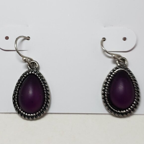 Women's Silver tone Dainty Design Purple Stone Fishhook Teardrop Earrings - Picture 4 of 6